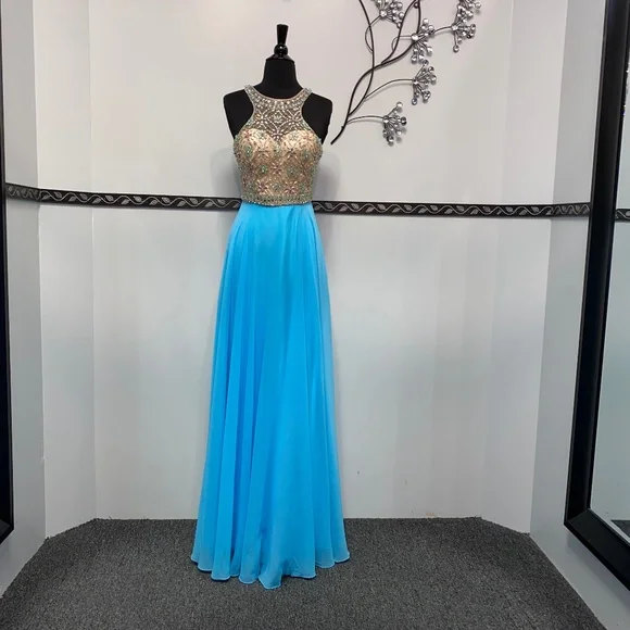 turquoise blue and silver bridesmaid dresses Aqua Blue Bridesmaid Dresses Halter Long Tulle Wedding Party Dress – Lisposa main image 1